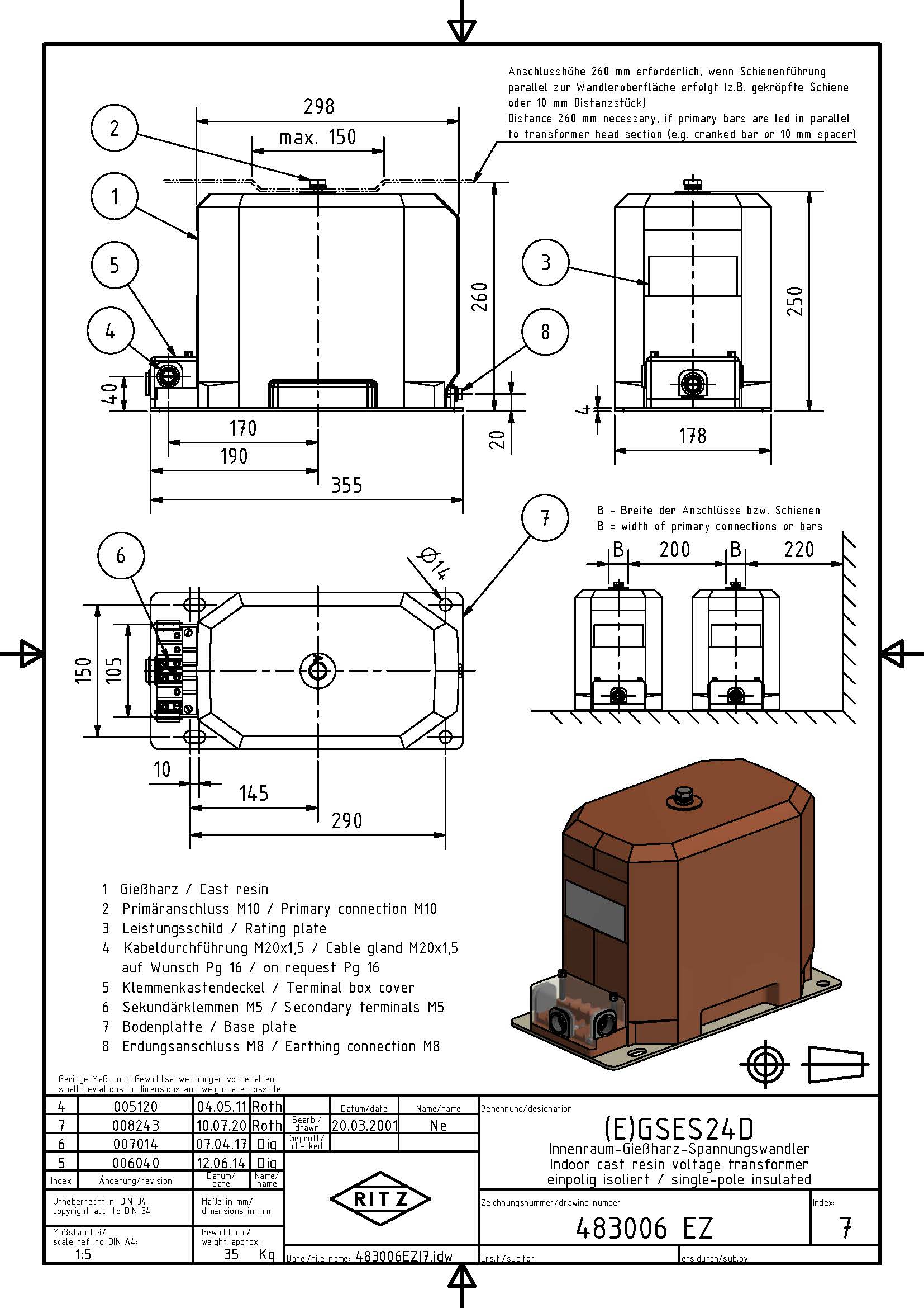 Spannungswandler Übersetzung: 10000:V3 - 20000:V3 // 100:V3 / 100:V3 / 100:3 Volt (BBlatt 425681)